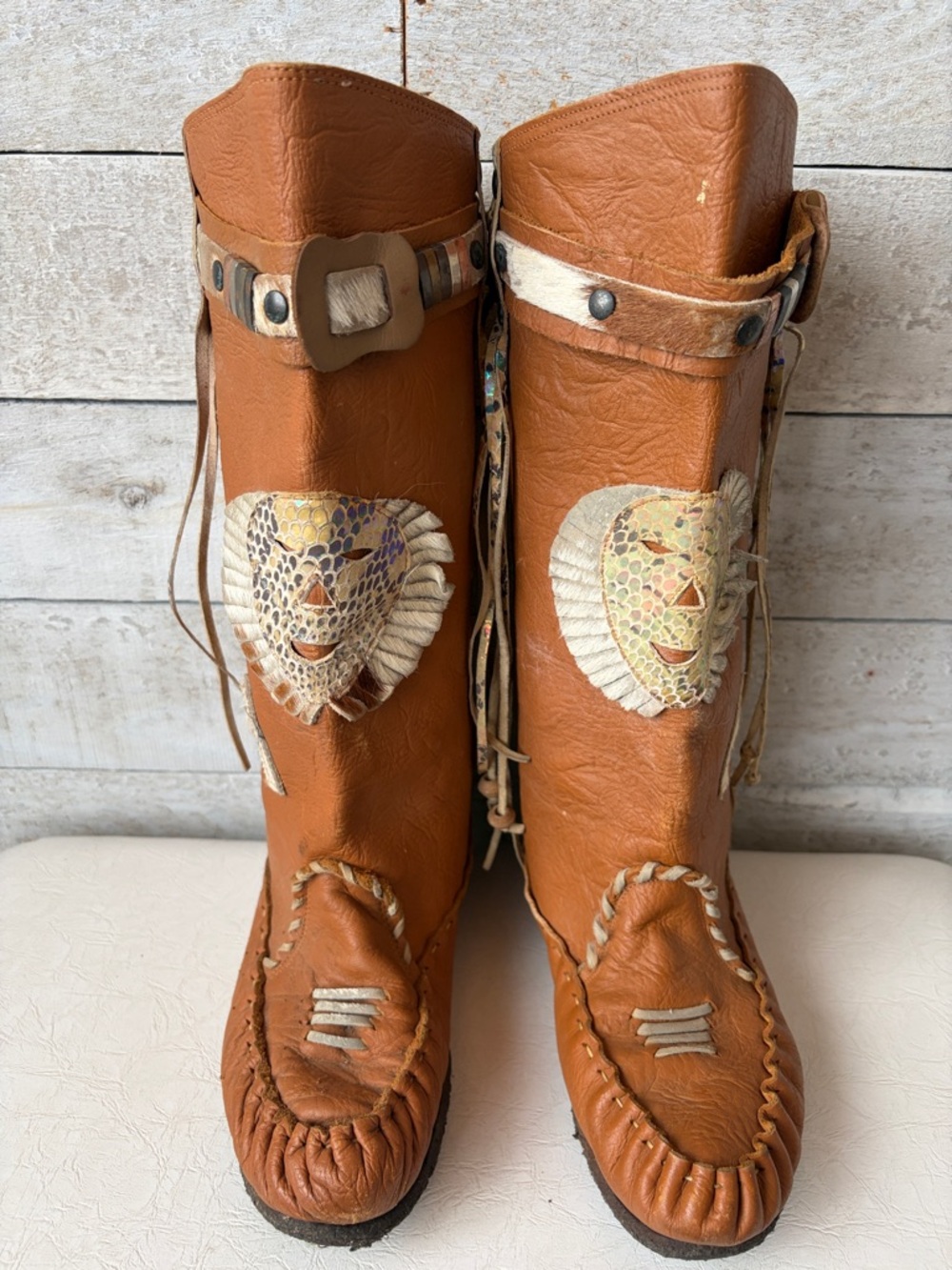 Handcrafted Tan Genuine Leather & Fur embellished Moccasin Boots Mask Appliqués